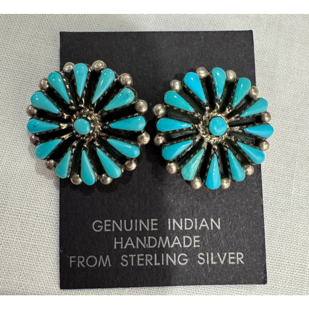 Native American Sleeping Beauty Turquoise Earrings Needlepoint Sterling Signed